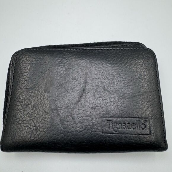 Tignanello Black Soft Leather Wallet Small Zippered Vintage Bi-fold Zipper - Picture 1 of 5